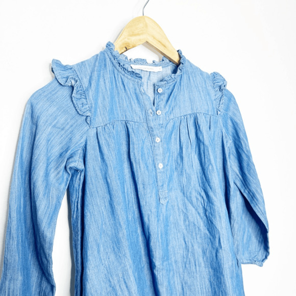 LES ESSENTIELS DE MONOPRIX Chambray long sleeve ruffle dress blue Girls 8 - Picture 3 of 7